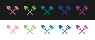 Kürek ve tırmık simgesini siyah ve beyaz arkaplanda izole et. Bahçecilik, tarım, bahçıvanlık, çiftçilik aletleri. Toprak işçisi. Vektör