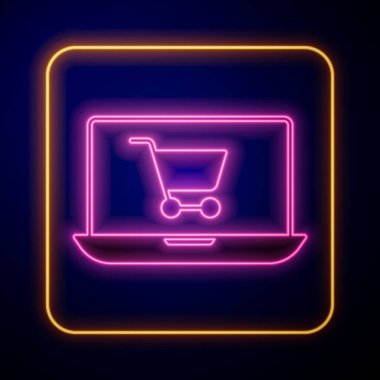 Ekran dizüstü bilgisayarında parlayan neon alışveriş arabası siyah arkaplanda izole edilmiş. Konsept e-ticaret, e-ticaret, online iş pazarlama. Vektör