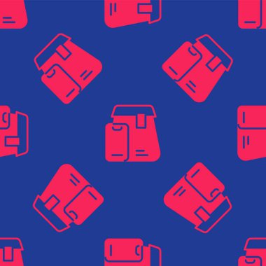 Kırmızı Çevrimiçi sipariş ve fast food dağıtım ikonu mavi arka planda izole edilmiş kusursuz desen. Vektör