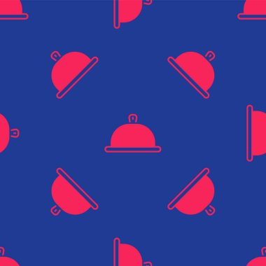 Red Covered with a tray of food icon isolated seamless pattern on blue background. Tray and lid sign. Restaurant cloche with lid.  Vector