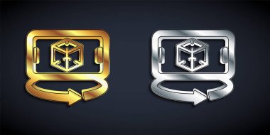 Siyah arka planda izole edilmiş altın ve gümüş 3D modelleme ikonu. Artırılmış gerçeklik mi yoksa sanal gerçeklik mi? Uzun gölge tarzı. Vektör