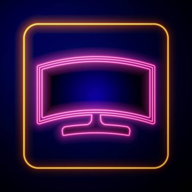 Parlayan neon bilgisayar monitörü simgesi siyah arkaplanda izole edildi. Bilgisayar bileşeni işareti. Vektör