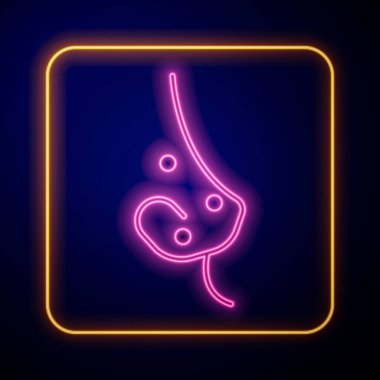 Parlayan neon akne simgesi siyah arkaplanda izole edildi. Deride iltihaplı sivilce. Tıkanmış gözenekteki sebum bir bakterinin büyümesini teşvik ediyor. Vektör