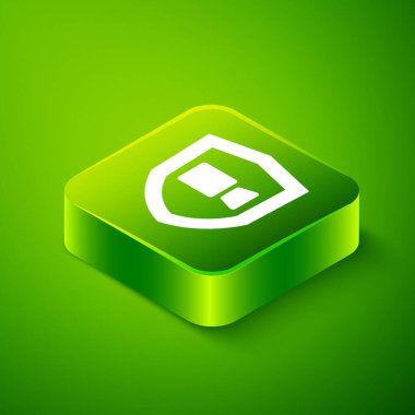 Isometric Video sohbet konferansı simgesi yeşil arkaplanda izole edildi. Çevrimiçi iş görüşmesi formu. Uzak proje yönetimi. Yeşil kare düğmesi. Vektör