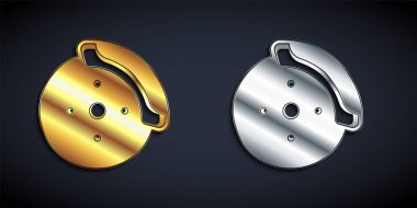 Siyah arka planda izole edilmiş kalibre ikonu olan altın ve gümüş renkli araba fren diski. Uzun gölge tarzı. Vektör