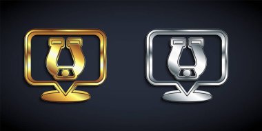 Siyah arkaplanda izole edilmiş altın ve gümüş at nalı ikonu. Uzun gölge tarzı. Vektör