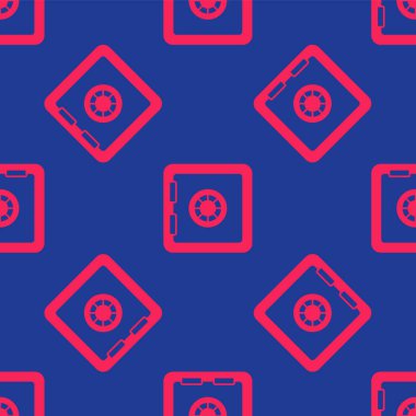 Kırmızı Güvenli simgesi mavi arkaplanda izole edilmiş kusursuz desen. Kapı, şifreli bir banka kasası. Güvenilir Veri Koruma. Vektör