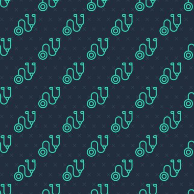 Yeşil çizgi steteskop tıbbi alet ikonu mavi arka planda izole edilmiş pürüzsüz desen. Vektör