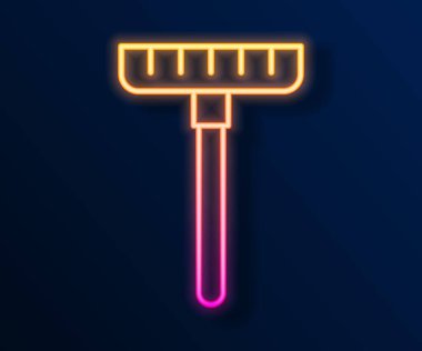 Parlayan neon çizgisi tırmık simgesi siyah arkaplanda izole edildi. Bahçecilik, tarım, çiftçilik aleti. Toprak işçisi. Temizlik ekipmanları. Vektör