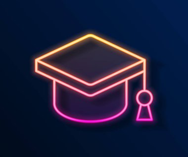 Parlayan neon hattı mezuniyet simgesi siyah arkaplanda izole edildi. Tassel ikonlu mezuniyet şapkası. Vektör