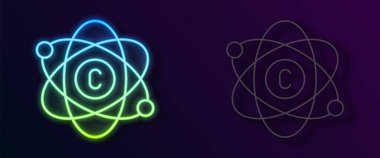 Parlayan neon hattı Atom simgesi siyah arkaplanda izole edildi. Bilimin, eğitimin, nükleer fiziğin, bilimsel araştırmaların sembolü. Vektör