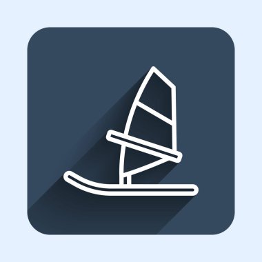 Beyaz çizgi rüzgar sörfü ikonu uzun gölge arkaplan izole. Mavi kare düğme. Vektör