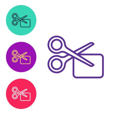 Satır makasları beyaz arkaplanda izole edilmiş indirim kuponu simgesini keser. Online bir süpermarkette düşük fiyattan ya da yarı fiyatına satış yapma fikri. Simgeleri renklendirin. Vektör