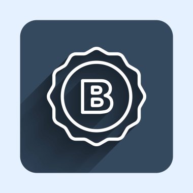 Yazılı bira ikonu olan beyaz çizgi şişe kapağı uzun gölge arkaplan izole. Mavi kare düğme. Vektör