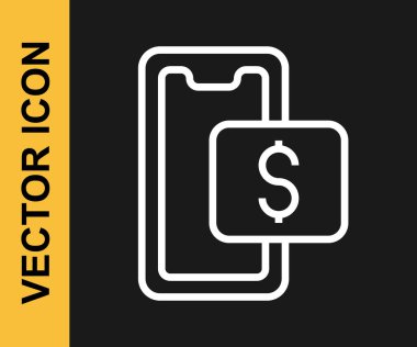 Beyaz çizgi cep telefonu ve alışveriş arabası simgesi siyah arkaplanda izole edilmiş. İnternetten satın alma sembolü. Süpermarket sepeti sembolü. Vektör