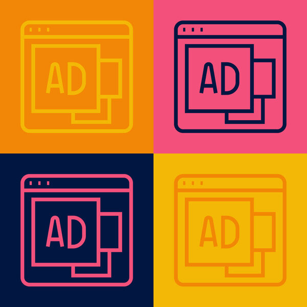 Pop art line Advertising icon isolated on color background. Concept of marketing and promotion process. Responsive ads. Social media advertising.  Vector