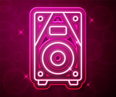 Parlayan neon hattı ses hoparlörü simgesi kırmızı arkaplanda izole edildi. Ses sistemi hoparlörleri. Müzik ikonu. Müzikal sütun hoparlörü. Vektör