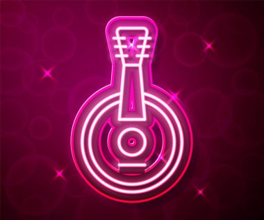 Parlayan neon hattı Banjo simgesi kırmızı arkaplanda izole edildi. Müzik aleti. Vektör