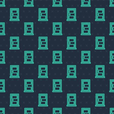 Yeşil çizgi kapalı kapı simgesi mavi arkaplanda izole edilmiş pürüzsüz desen. Vektör