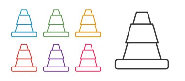 Beyaz arkaplanda çizgi trafik konisi simgesi ayır. Simgeleri renklendirin. Vektör