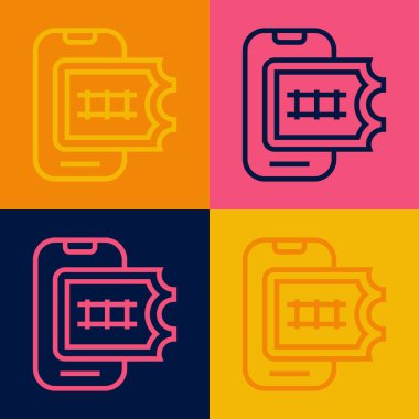 Pop Art Line Online bilet rezervasyonu ve uygulama arayüzü simgesi satın alma renk arkaplanında izole edildi. E-bilet siparişi. Elektronik tren bileti ekranda. Vektör
