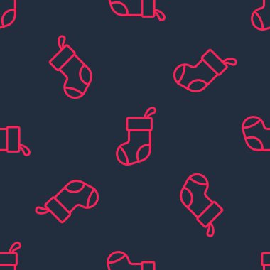 Kırmızı çizgi Noel çorap ikonu siyah arka planda izole edilmiş kusursuz desen. Mutlu Noeller ve mutlu yıllar. Vektör