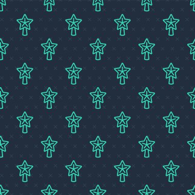Green line Christmas star icon isolated seamless pattern on blue background. Merry Christmas and Happy New Year.  Vector