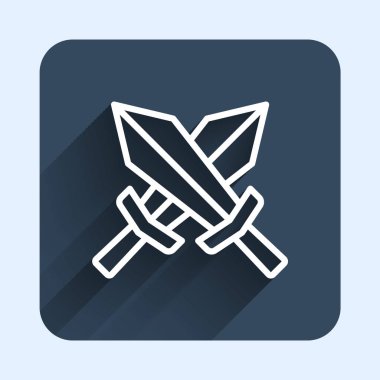 White line Sword for game icon isolated with long shadow background. Blue square button. Vector