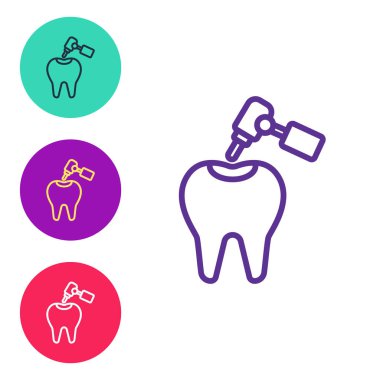 Diş fırçası ve diş matkabı olan çizgi beyaz arka planda izole edilmiş. Diş çürüğü. Simgeleri renklendirin. Vektör