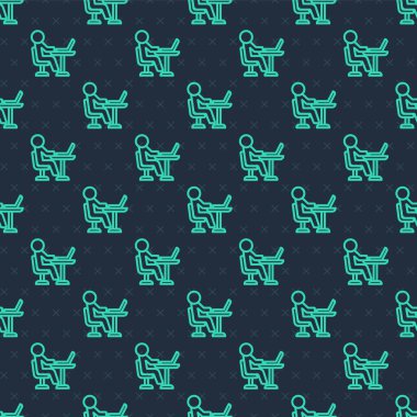 Yeşil çizgi Freelancer simgesi mavi arka planda izole edilmiş. Evinde dizüstü bilgisayarla çalışan serbest çalışan bir adam. Çevrimiçi iş, uzak iş kavramı. Vektör