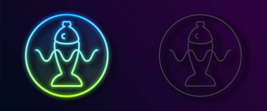 Parlayan neon hattı, siyah arka planda izole edilmiş bir tabakta soya soslu balık servis ediyor. Vektör