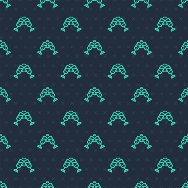 Yeşil çizgili şampanya ikonu, mavi arka planda izole edilmiş kusursuz desen. Mutlu Noeller ve mutlu yıllar. Vektör