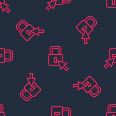 Red line Lock icon isolated seamless pattern on black background. Padlock sign. Security, safety, protection, privacy concept.  Vector