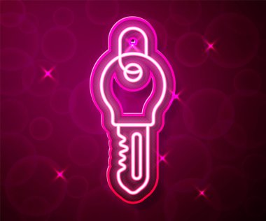 Parlayan neon hattı Anahtar simgesi kırmızı arkaplanda izole edildi. Vektör