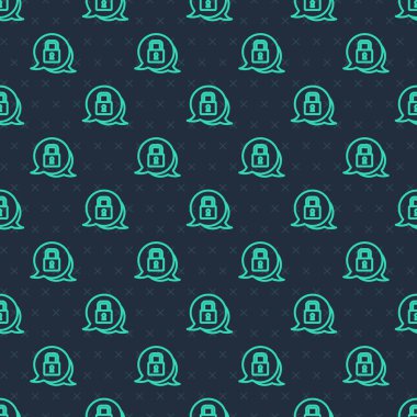 Green line Lock icon isolated seamless pattern on blue background. Padlock sign. Security, safety, protection, privacy concept.  Vector