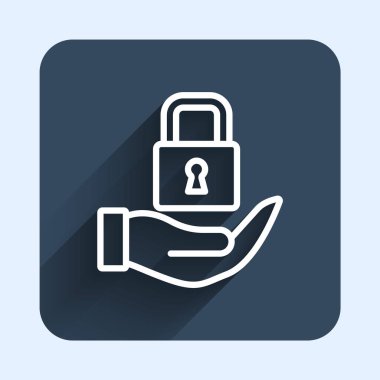 White line Lock icon isolated with long shadow background. Padlock sign. Security, safety, protection, privacy concept. Blue square button. Vector