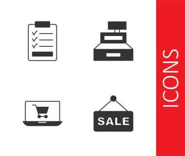 Asılma işaretini metin satışı, pano kontrol listesi, alışveriş arabası ekran dizüstü bilgisayarı ve yazar kasa simgesi ile ayarla. Vektör