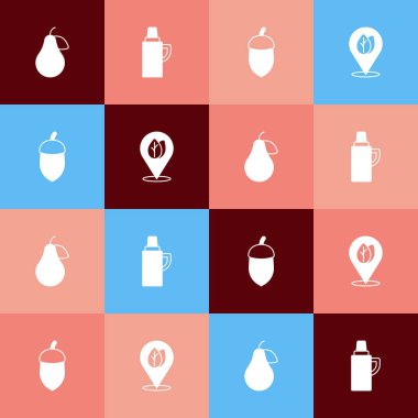 Popüler sanat armudunu, termos kabını, meşe palamudu ve konumu yaprak simgesiyle ayarla. Vektör