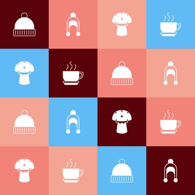 Popüler sanat kış şapkası, mantar ve kahve fincanı ikonu. Vektör