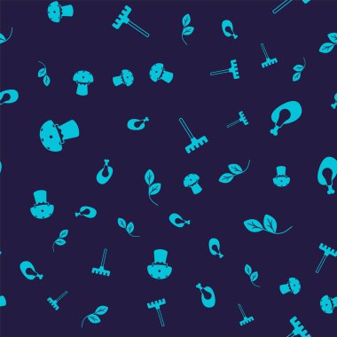 Mantar, kızarmış hindi ya da tavuk, bahçe tırmığı ve Yaprak 'ı pürüzsüz bir desene ayarlayın. Vektör