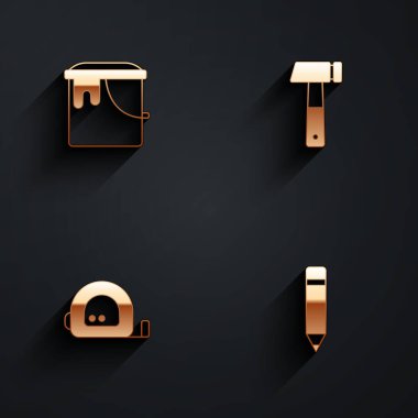 Boya kovası, çekiç, rulet inşaatı ve silgi ikonlu uzun gölge. Vektör