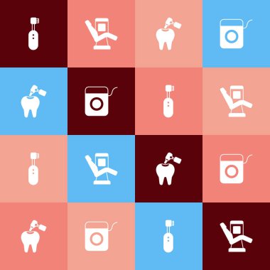 Pop sanat eserleri elektrikli diş fırçası, diş fırçası, diş fırçası, diş fırçası, matkaplı diş macunu ve diş ipi ikonu. Vektör