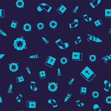 Noel çelengi, havai fişek roketi, çorap ve İncil 'i kusursuz desenler üzerine kurun. Vektör