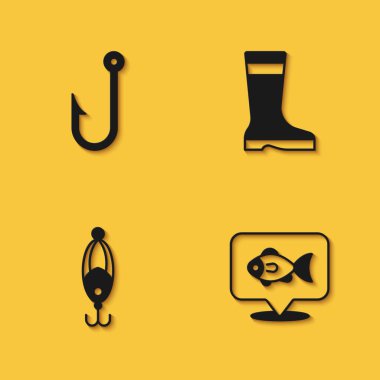 Set Fishing hook, Location fishing, lure and boots icon with long shadow. Vector clipart