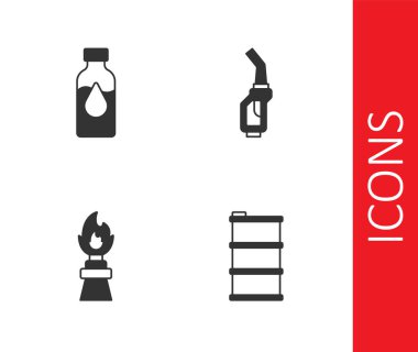 Set Barrel oil, Oil petrol test tube, rig with fire and Gasoline pump nozzle icon. Vector clipart