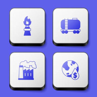 Petrol kulesini ateşe, demiryolu sarnıçlarına, gaz sanayi fabrikasına ve dolar sembolü ikonuna ver. Beyaz kare düğme. Vektör