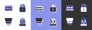 Alarm zilini, bilgisayarın şifresini, yangın söndürme sistemini ve kilit simgesini ayarla. Vektör