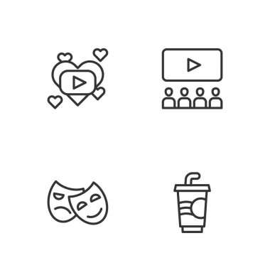 Su, komedi ve trajedi maskeli kağıt bardak, romantik film ve sinema salonu ekran ikonu. Vektör