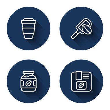 Hazır kahve fincanı, kahve taneli Spatula, kavanoz şişesi ve uzun gölgeli poşet fasulye. Mavi daire düğmesi. Vektör