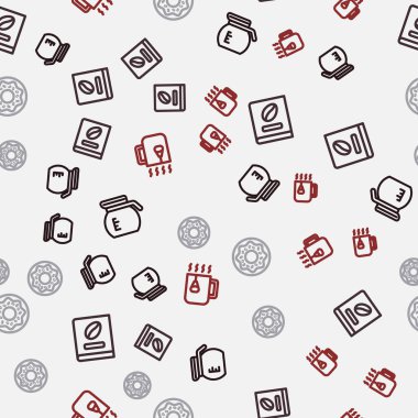 Sırayı ayarla. Kahve demliği, kitap, çörek ve çanak çay, kusursuz desenli. Vektör